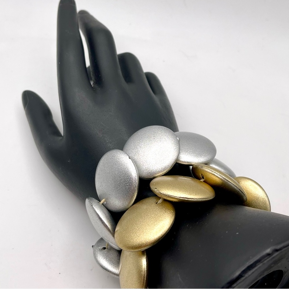 Fabulous SET of Two Stretch Disc Bracelets Silver and Gold Tone Metallic